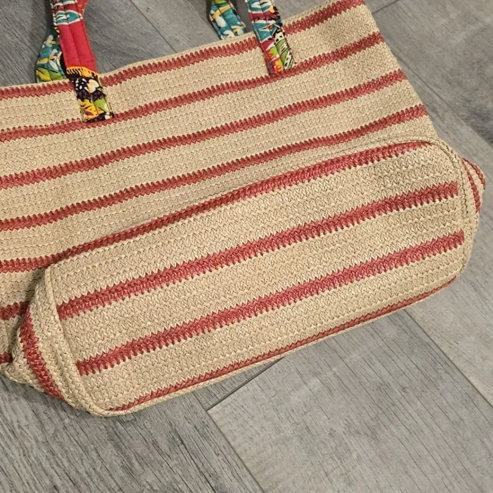 Vera Bradley Straw Bold Paisley Strap Stripe Leaf Embroidered Beach Bag Tote